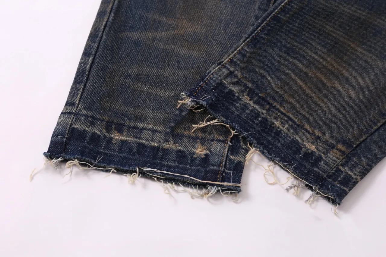 655#Gallery Dept New Retro Splashed Ink Hole Embroidery Washed Small Straight Leg Jeans American High Street Casual Trousers Washed Blue S～XL P240